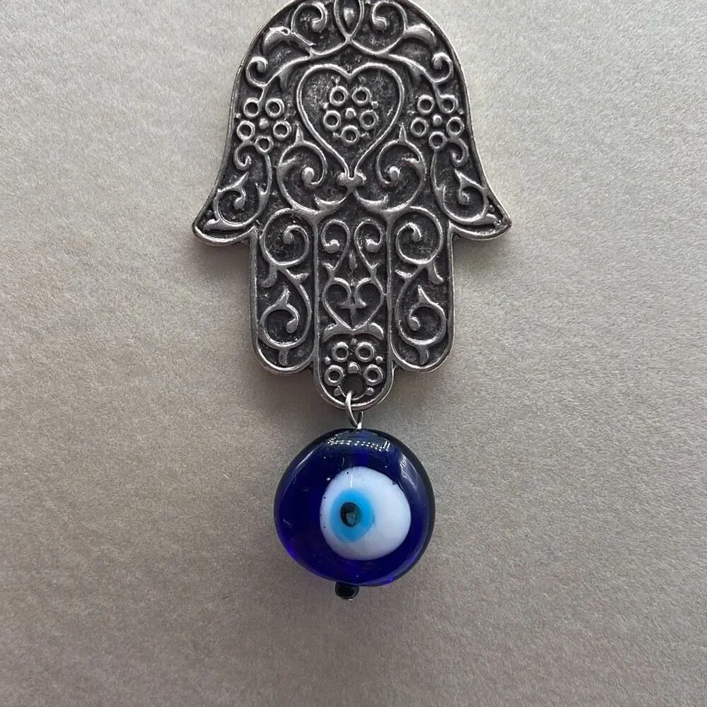 Lucky Hamsa and evil eye pendant necklace 18” boho festival